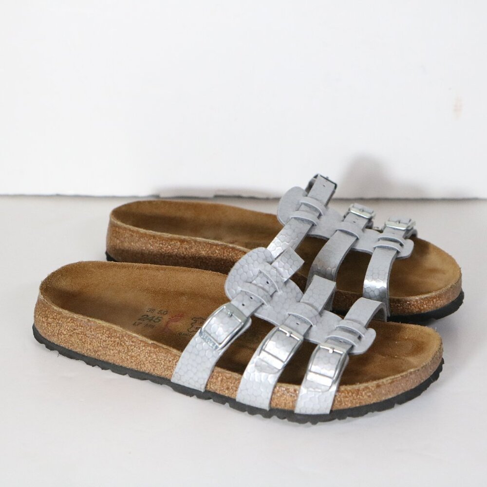 Birkenstock Birki's Xenia 3 Strap Slip On Sandals Womens 38 7 7.5 Silver‎ Slide